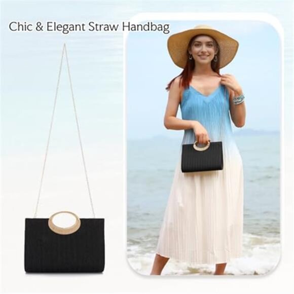 Straw Top Handle Clutch Purse Summer Beach Evening Handbag Women Black - Picture 3 of 9